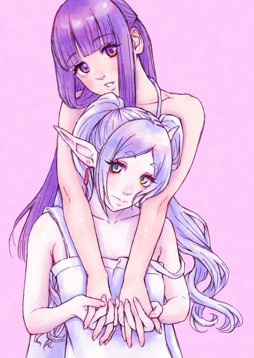 2girls delarocha82 dress fern_(sousou_no_frieren) frieren green_eyes highres holding_hands long_hair multiple_girls pointy_ears purple_eyes purple_hair sousou_no_frieren white_hair