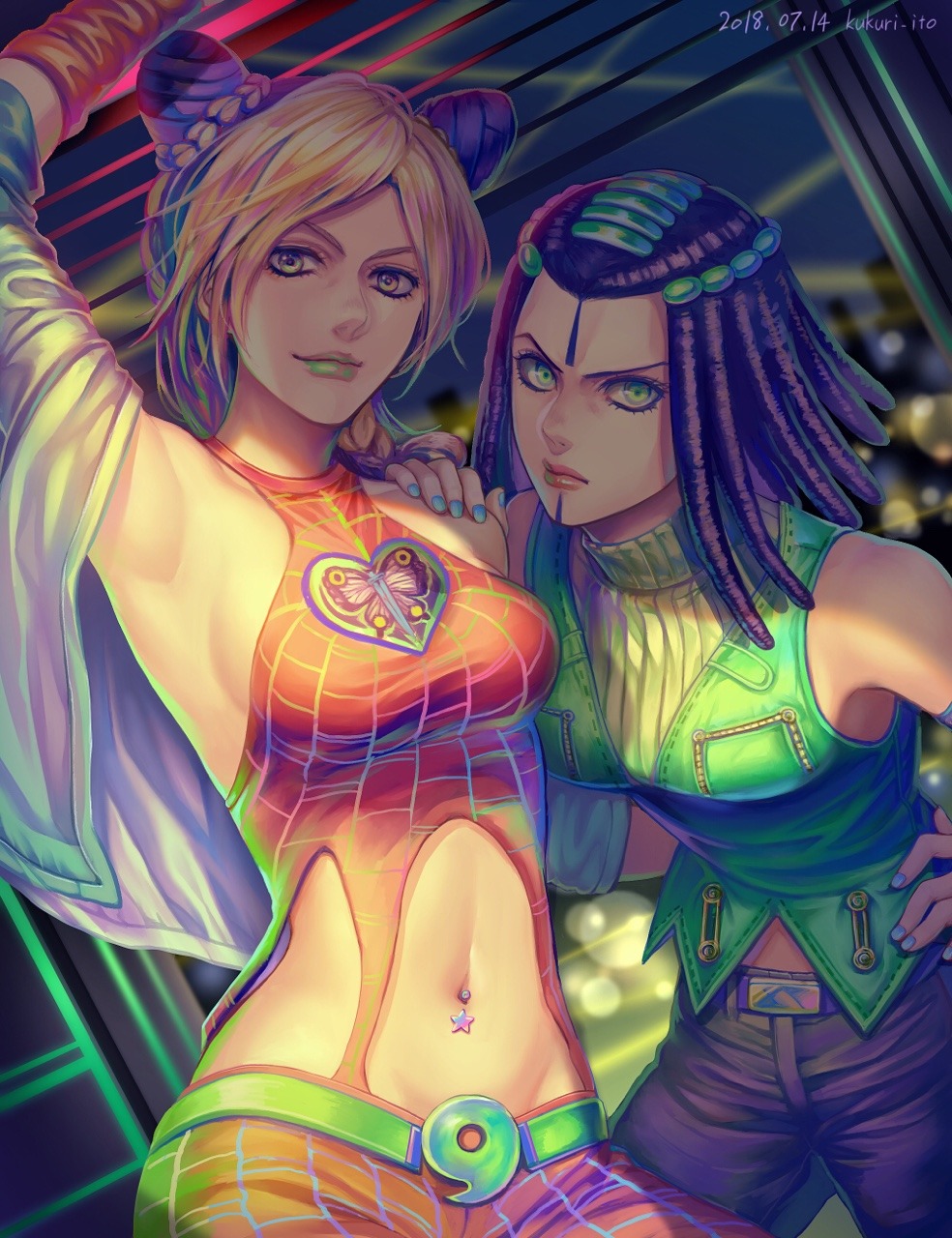 2girls animal_print belt blonde_hair butterfly_print crop_top double_bun dreadlocks dyresbroom ermes_costello facial_mark green_belt green_eyes green_lips green_nails green_sweater green_vest grey_jacket hair_bun hand_on_own_hip hand_up heart heart_print highres jacket jojo_no_kimyou_na_bouken kuujou_jolyne looking_at_viewer medium_hair multicolored_hair multiple_girls navel_piercing orange_pants orange_shirt pants piercing purple_hair purple_pants shirt sleeveless sleeveless_sweater stone_ocean sweater sword_print two-tone_hair vest yellow_eyes