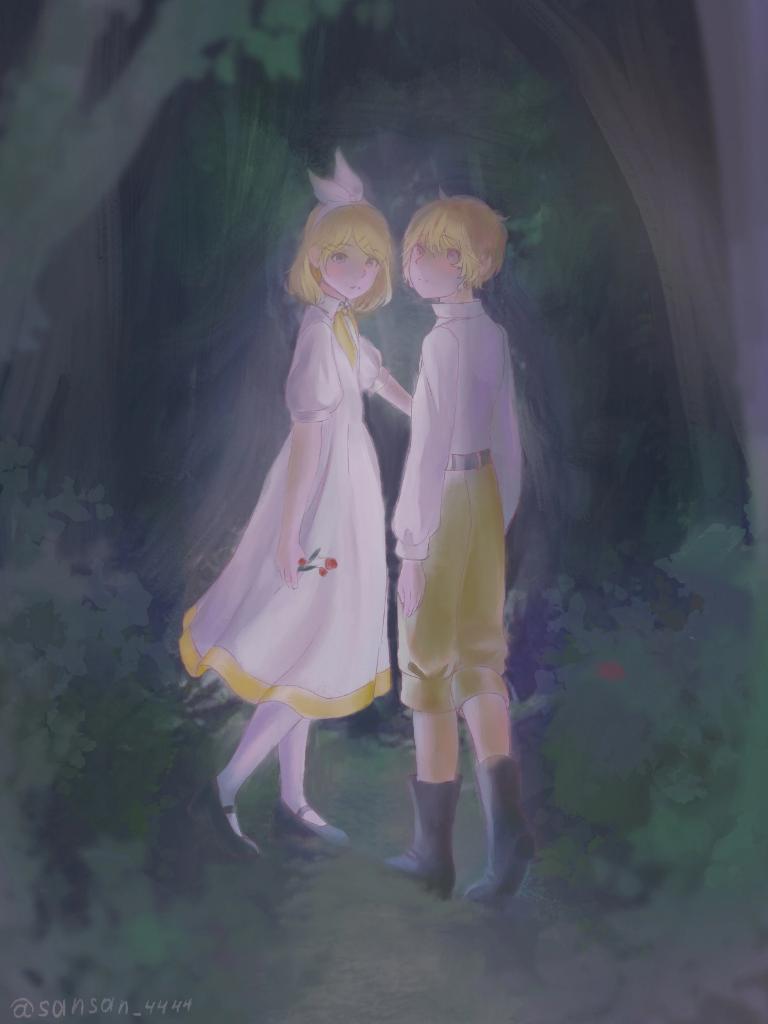 1boy 1girl black_footwear blonde_hair boots bow brother_and_sister bush collared_shirt dress evillious_nendaiki expressionless flower forest green_eyes gretel_(evillious_nendaiki) hair_bow hairband hansel_(evillious_nendaiki) holding holding_flower kagamine_len kagamine_rin long_dress looking_at_viewer looking_back mary_janes nature neckerchief okizari_tsukiyo_shou_(vocaloid) pants sansan_4444 shirt shoes short_hair siblings tree turning_head twins twitter_username vocaloid walking white_bow white_dress yellow_neckerchief yellow_pants