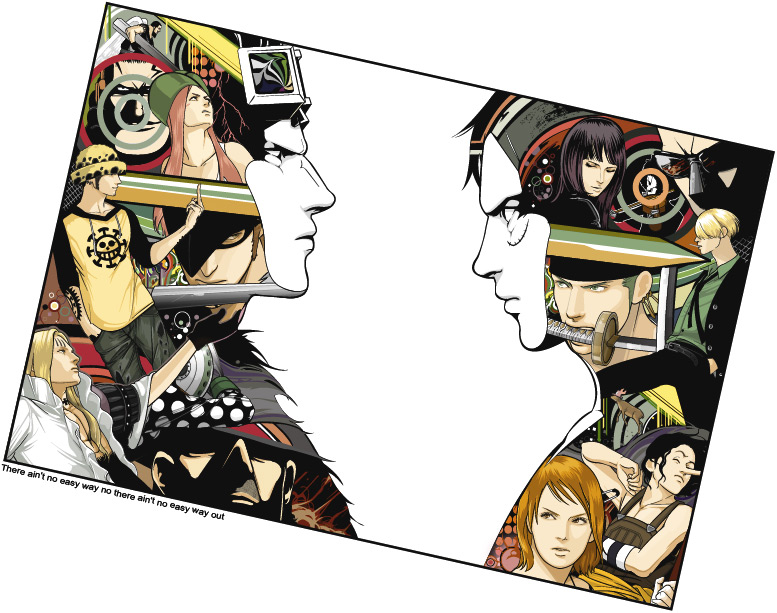 3girls 6+boys bandana basil_hawkins black_hair black_pants blonde_hair brook_(one_piece) capone_gang_bege cigarette collared_shirt cyborg earrings eustass_kid exb eye_contact facial_mark formal_clothes franky_(one_piece) frown fur_hat gloves goggles goggles_on_head green_hair green_shirt hat helmet hood hoodie jewelry jewelry_bonney jolly_roger katana killer_(one_piece) long_hair long_sideburns looking_at_another lyrics mask middle_finger monkey_d._luffy mouth_hold multiple_boys multiple_girls music nami_(one_piece) necktie nico_robin one_piece orange_hair overalls pants pink_hair pirate polka_dot polka_dot_shirt raglan_sleeves reindeer roronoa_zoro sabaody_archipelago sanji_(one_piece) scar scratchmen_apoo shirt skeleton smiley suit sunglasses supernova sword tattoo tony_tony_chopper trafalgar_law urouge usopp weapon wings x_drake