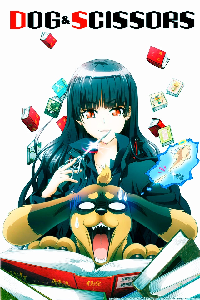 10s 1girl black_hair book dog earrings inu_to_hasami_wa_tsukaiyou jewelry long_hair natsuno_kirihime red_eyes scissors tagme