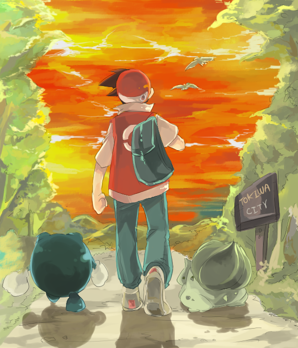 1boy backpack bag baseball_cap bulbasaur gen_1_pokemon goro_nyanko hat nintendo pokemon pokemon_(creature) pokemon_adventures poliwhirl randoseru red_(pokemon) shadow sunset walking