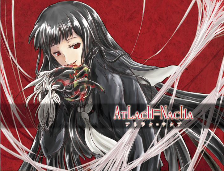 1girl atlach-nacha black_hair black_serafuku blood copyright_name female_focus hirasaka_hatsune katagiri_katana_(node) long_hair red_background red_eyes school_uniform serafuku silk solo spider_web