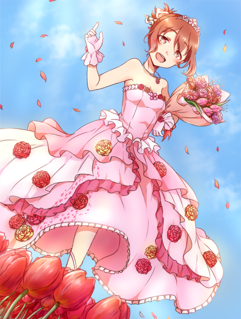 1girl :d blue_sky bouquet bow breasts brown_hair cleavage dress eda_udon flower gloves hair_bow holding holding_bouquet jewelry layered_dress necklace open_mouth pink_dress pink_flower pink_gloves ponytail red_eyes red_flower short_hair short_ponytail sky small_breasts smile solo strapless strapless_dress tulip wedding_dress white_bow yuuki_yuuna yuuki_yuuna_wa_yuusha_de_aru yuusha_de_aru