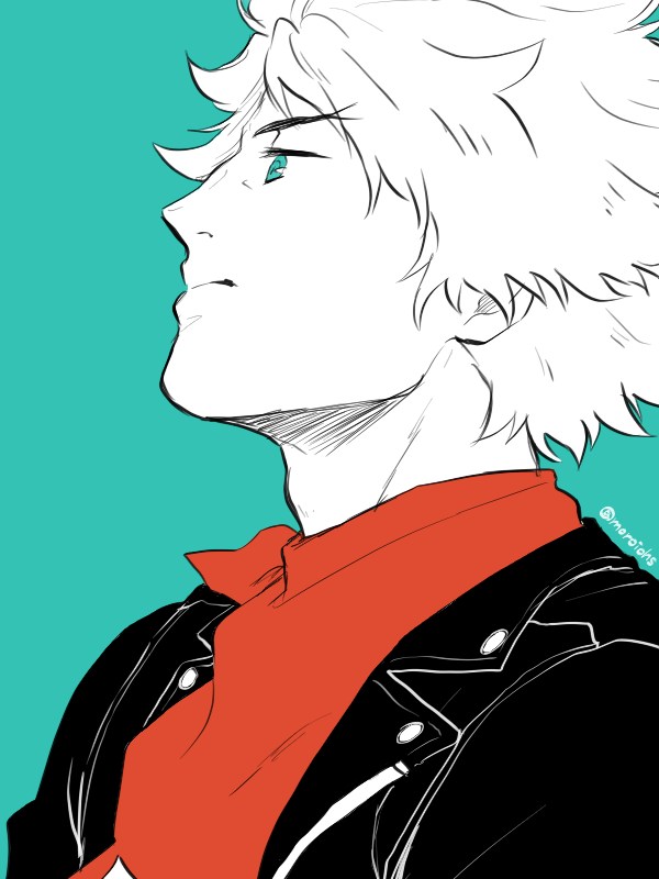 1boy adam&#039;s_apple bandana black_jacket blue_background classicaloid closed_mouth from_side jacket ludwig_van_beethoven_(classicaloid) male_focus moroi_(moroiohs) partially_colored red_bandana short_hair simple_background solo upper_body v-shaped_eyebrows