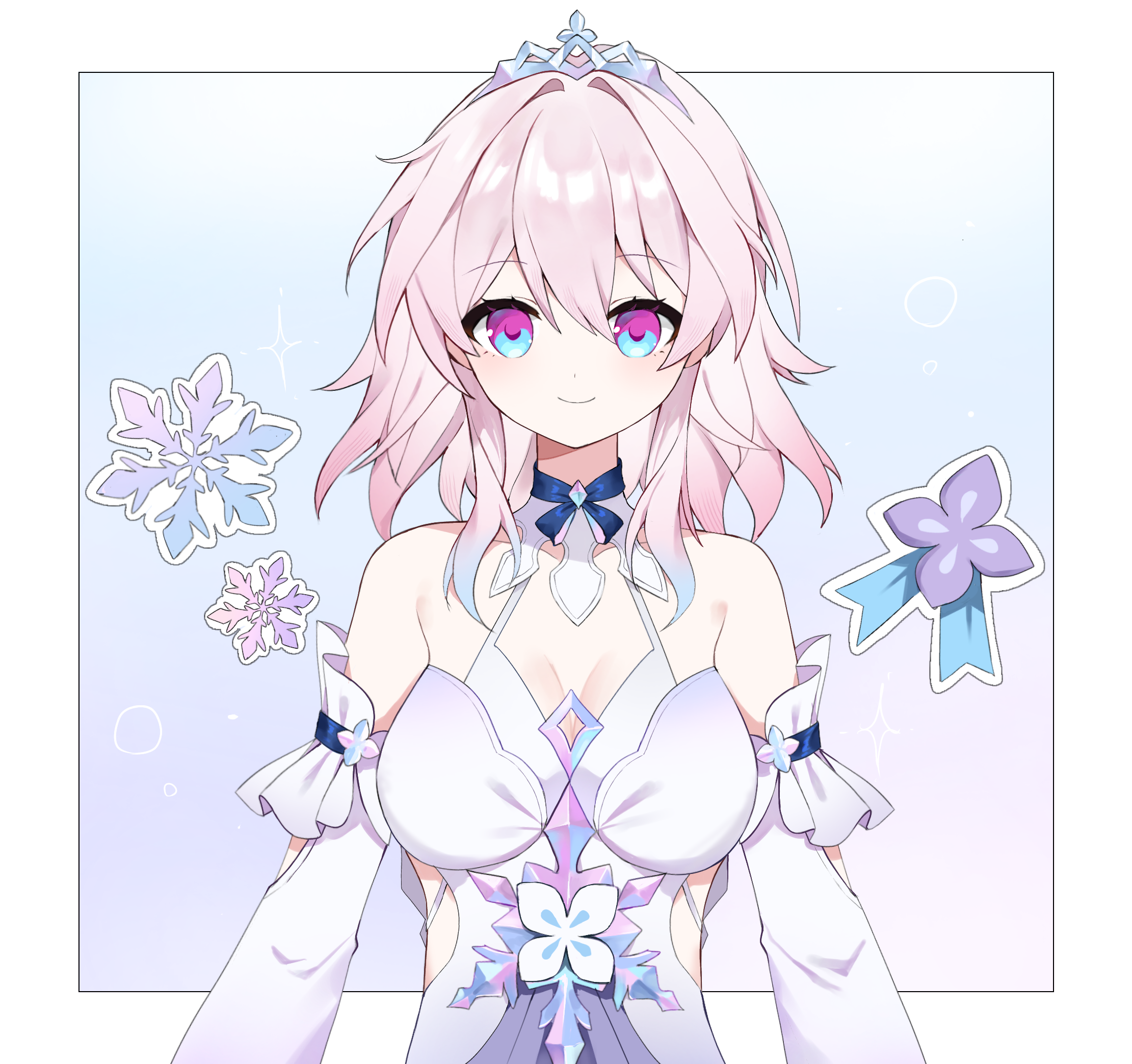 1girl bare_shoulders blue_background blue_eyes breasts cleavage detached_sleeves dress gradient_background hair_intakes highres honkai:_star_rail honkai_(series) long_sleeves looking_at_viewer march_7th_(honkai:_star_rail) march_7th_(nascent_spring)_(honkai:_star_rail) medium_hair multicolored_eyes nirako_mona pink_background pink_hair purple_eyes sleeveless sleeveless_dress smile solo tiara two-tone_eyes upper_body white_dress