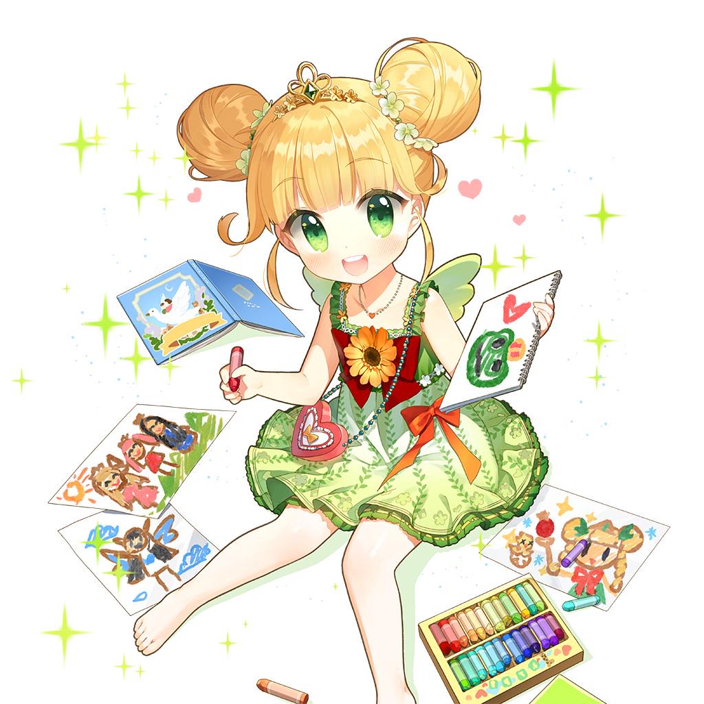 1girl barefoot blonde_hair braid crayon double_bun dress gold_tiara green_dress green_eyes hair_bun holding holding_crayon salt_(salty) sapphire_emerald sitting sketchbook twin_braids twintails uchi_no_hime-sama_ga_ichiban_kawaii