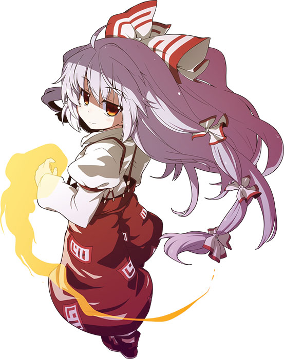 1girl akaneya bow female_focus fire fujiwara_no_mokou hair_bow long_hair looking_back red_eyes solo suspenders touhou very_long_hair white_background white_hair