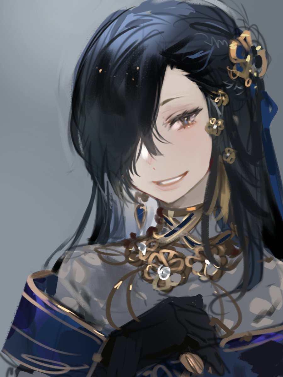 1boy black_gloves black_hair blue_dress blue_eyes crossdressing crossdressing_(mtf) dress gloves grey_background grin hair_ornament hair_over_one_eye highres kuzuvine long_hair looking_at_viewer male_focus natsuki_subaru natsumi_schwarz one_eye_covered re:zero_kara_hajimeru_isekai_seikatsu simple_background sketch smile solo upper_body