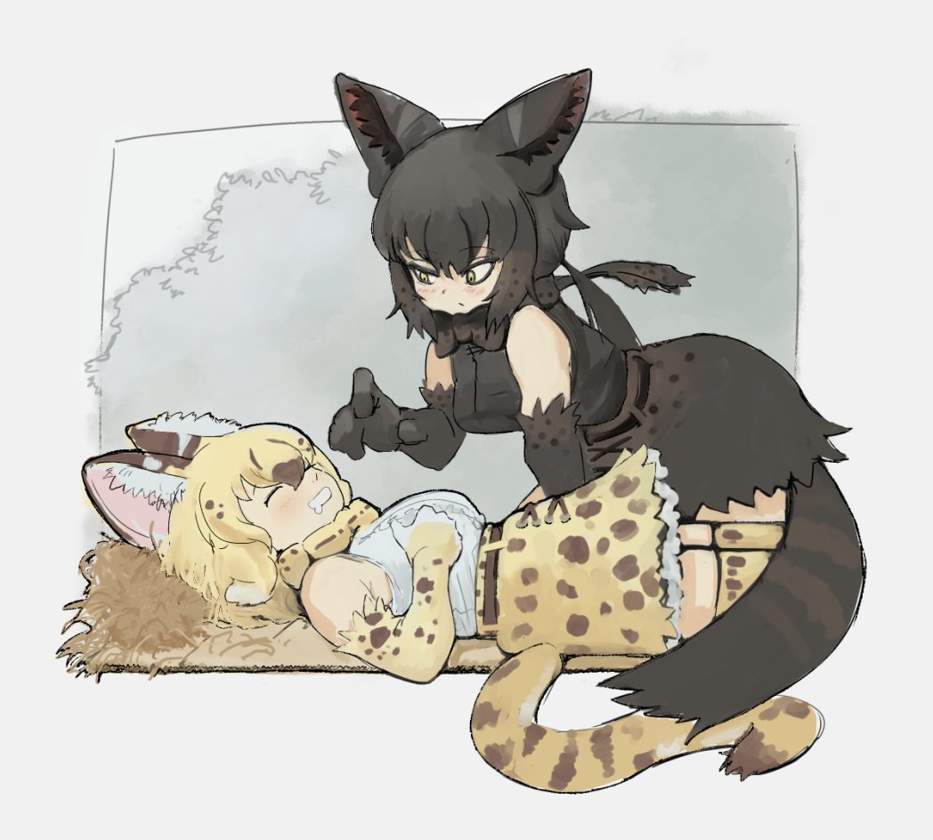 2girls animal_ears animal_print bare_shoulders black_bow black_bowtie black_gloves black_hair black_serval_(kemono_friends) black_shirt black_skirt blonde_hair blush bow bowtie cat_ears cat_girl cat_print cat_tail closed_eyes elbow_gloves frilled_skirt frills gloves gobe_x_protocol hair_between_eyes high-waist_skirt kemono_friends lying multiple_girls on_back ponytail print_bow print_bowtie print_gloves print_skirt print_thighhighs saliva serval_(kemono_friends) shirt short_hair sidelocks skirt sleeping sleeveless smile tail thighhighs white_shirt yellow_bow yellow_bowtie yellow_eyes yellow_gloves yellow_skirt yellow_thighhighs zettai_ryouiki