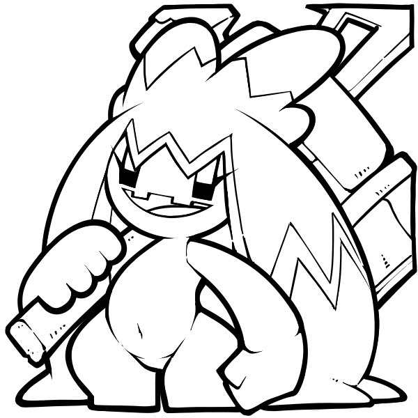 :d belly hammer holding holding_hammer holding_weapon lineart monochrome name_omoitukan2 navel nintendo no_humans open_mouth over_shoulder pokemon pokemon_(creature) pokemon_focus simple_background smile solo thick_lineart tinkaton weapon weapon_over_shoulder white_background