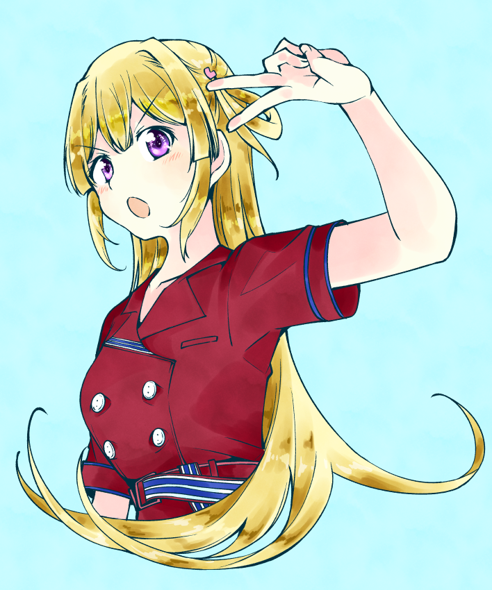 1girl 22/7 :o belt blonde_hair blue_background buttons collarbone cropped_torso double-breasted dress fujima_sakura hair_rings long_hair looking_at_viewer looking_to_the_side nani_mo_shiteagerarenai one_side_up open_mouth purple_eyes red_dress short_sleeves simple_background single_hair_ring solo trefle_r v