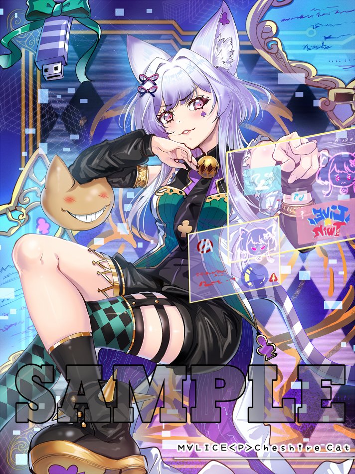 1girl animal_ear_fluff animal_ears ascot asymmetrical_legwear bell black_ascot black_boots blush boots breasts cat_ears cat_girl character_name checkered_background checkered_clothes checkered_legwear club_(shape) detached_sleeves duel_monster hair_intakes kalian long_sleeves maliss_&lt;p&gt;_chessy_cat medium_breasts neck_bell parted_lips pink_eyes pointing purple_hair sample_watermark short_shorts shorts smile solo spiked_boots usb watermark yu-gi-oh!