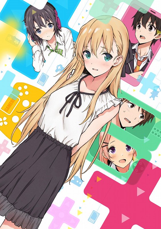 2boys 3girls aguri_(gamers!) amano_keita aqua_eyes arms_behind_back bare_shoulders black_hair black_ribbon black_skirt blonde_hair blouse blue_eyes blush bow bowtie breasts brown_eyes brown_hair closed_mouth collarbone commentary_request dutch_angle gamers! green_bow green_bowtie hair_behind_ear hair_ornament hairclip headphones hoshinomori_chiaki long_hair looking_at_viewer looking_to_the_side multiple_boys multiple_girls neck_ribbon necktie official_art open_mouth orange_necktie parted_lips pink_hair purple_eyes ribbon saboten second-party_source shirt short_hair skirt sleeveless sleeveless_shirt small_sweatdrop smile standing striped_bow striped_bowtie striped_clothes teeth tendou_karen uehara_tasuku upper_teeth_only white_shirt