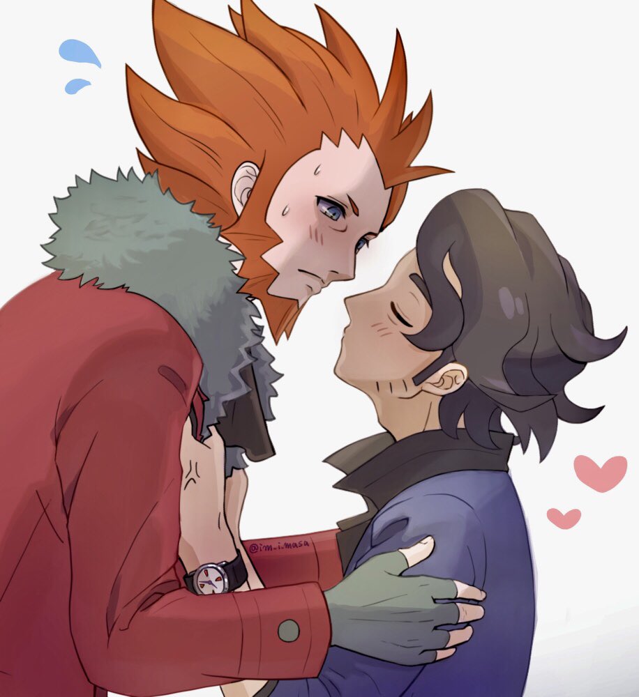2boys alternate_color anger_vein professor_sycamore beard black_shirt blue_coat blue_eyes blush closed_eyes closed_mouth coat collared_shirt commentary_request facial_hair fingerless_gloves flying_sweatdrops gloves grey_gloves hands_up heart im_i_masa imminent_kiss jacket long_sleeves looking_at_another lysandre_(pokemon) male_focus multiple_boys nintendo orange_hair pokemon pokemon_masters_ex popped_collar red_jacket shirt short_hair simple_background upper_body watch white_background wristwatch yaoi
