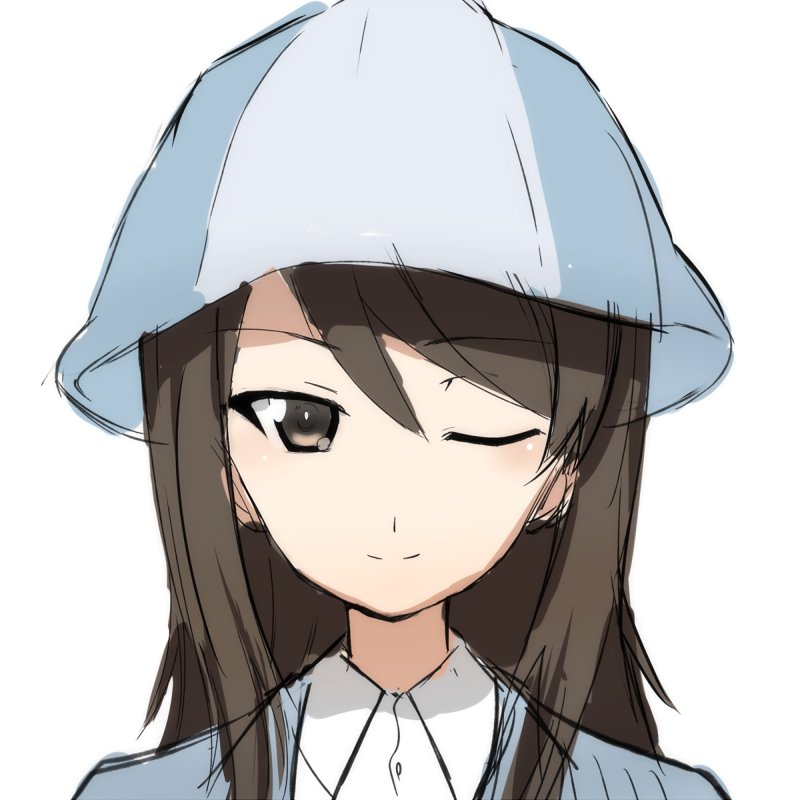 1girl ashiwara_yuu blue_hat brown_eyes brown_hair closed_mouth girls_und_panzer hat jacket keizoku_school_uniform long_hair looking_at_viewer mika_(girls_und_panzer) official_style one_eye_closed school_uniform shirt smile solo striped_clothes striped_shirt tulip_hat vertical-striped_clothes vertical-striped_shirt white_shirt