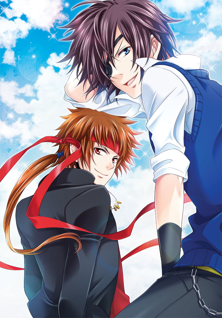 2boys :d alternate_costume blue_eyes blue_sweater_vest brown_hair cloud cloudy_sky date_masamune_(sengoku_basara) eyepatch floating_hair gakuen_basara gakuran headband jewelry looking_at_viewer low_ponytail male_focus multiple_boys necklace open_mouth ponytail red_eyes red_headband red_shirt sanada_yukimura_(sengoku_basara) school_uniform sengoku_basara shirt sky smile sweater_vest warabi_(waradoko) white_shirt