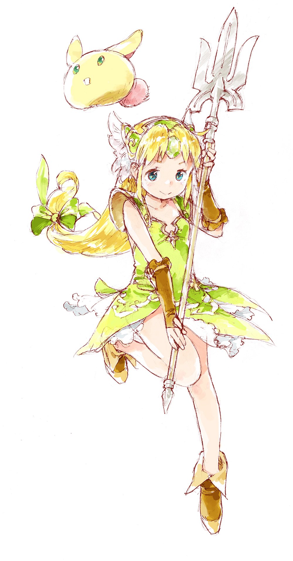1girl barasui blonde_hair blue_eyes blush brown_footwear closed_mouth dress female_focus flat_chest full_body green_dress helmet highres holding holding_polearm holding_weapon long_hair low-tied_long_hair polearm rabite_(seiken_densetsu) riesz seiken_densetsu seiken_densetsu_3 smile solo spear standing standing_on_one_leg very_long_hair weapon winged_helmet