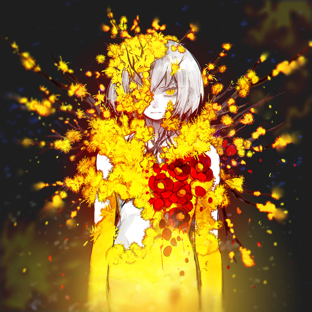 1girl branch camellia closed_mouth dongbaek_(project_moon) e.g.o_(project_moon) flaw_eight flower flower_over_eye hair_flower hair_ornament limbus_company looking_at_viewer plant_wings project_moon red_flower short_hair sidelocks solo spicebush_(e.g.o) white_hair wings yellow_eyes yellow_flower