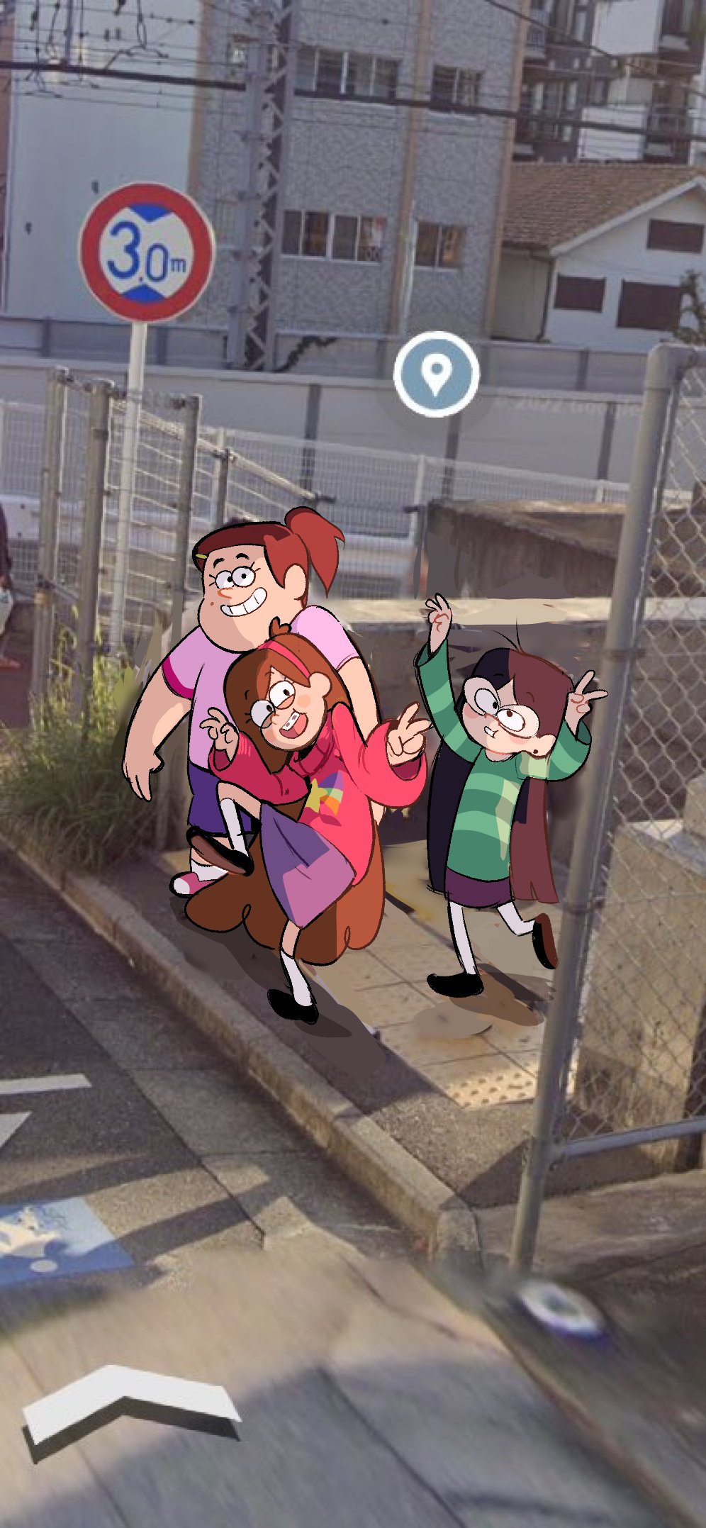 3girls audieaudieaudie brown_hair candy_chiu child double_v earrings glasses gravity_falls green_shirt grenda_(gravity_falls) grin hair_ornament hairband hairclip high_school_girls_posing_for_google_street_view_(meme) highres jewelry long_hair long_sleeves looking_at_viewer mabel_pines medium_hair meme mole multiple_girls pink_shirt ponytail purple_shorts purple_skirt red_hairband red_sweater shirt shorts skirt smile socks striped_clothes striped_shirt stud_earrings sweater teeth v very_long_hair white_socks