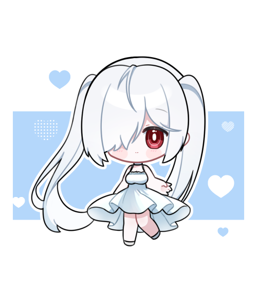 1girl alternate_costume bare_shoulders chibi cinderella_(nikke) deformed dress full_body goddess_of_victory:_nikke halterneck heart long_hair looking_at_viewer momori_sensei red_eyes shirt simple_background sleeveless solo spaghetti_strap twintails very_long_hair white_background white_dress white_hair white_shirt