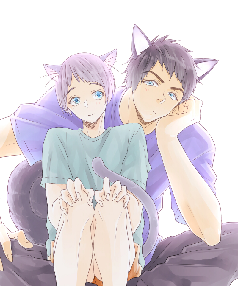 10s 2boys animal_ears black_hair blue_eyes blush cat_boy cat_ears cat_tail free! grey_hair komorikorimo male_focus mole mole_under_eye multiple_boys nitori_aiichirou short_hair simple_background smile tail white_background wolf_ears wolf_tail yamazaki_sousuke
