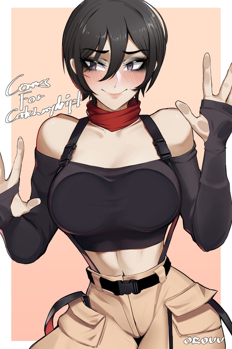 1girl artist_name belt black_belt black_hair black_shirt blush breast_press breasts brown_pants collarbone commission crop_top eyelashes grey_hair hair_between_eyes highres large_breasts linea_alba mikasa_ackerman navel off-shoulder_shirt off_shoulder orouu pants red_scarf scarf shingeki_no_kyojin shirt short_hair smile solo suspenders