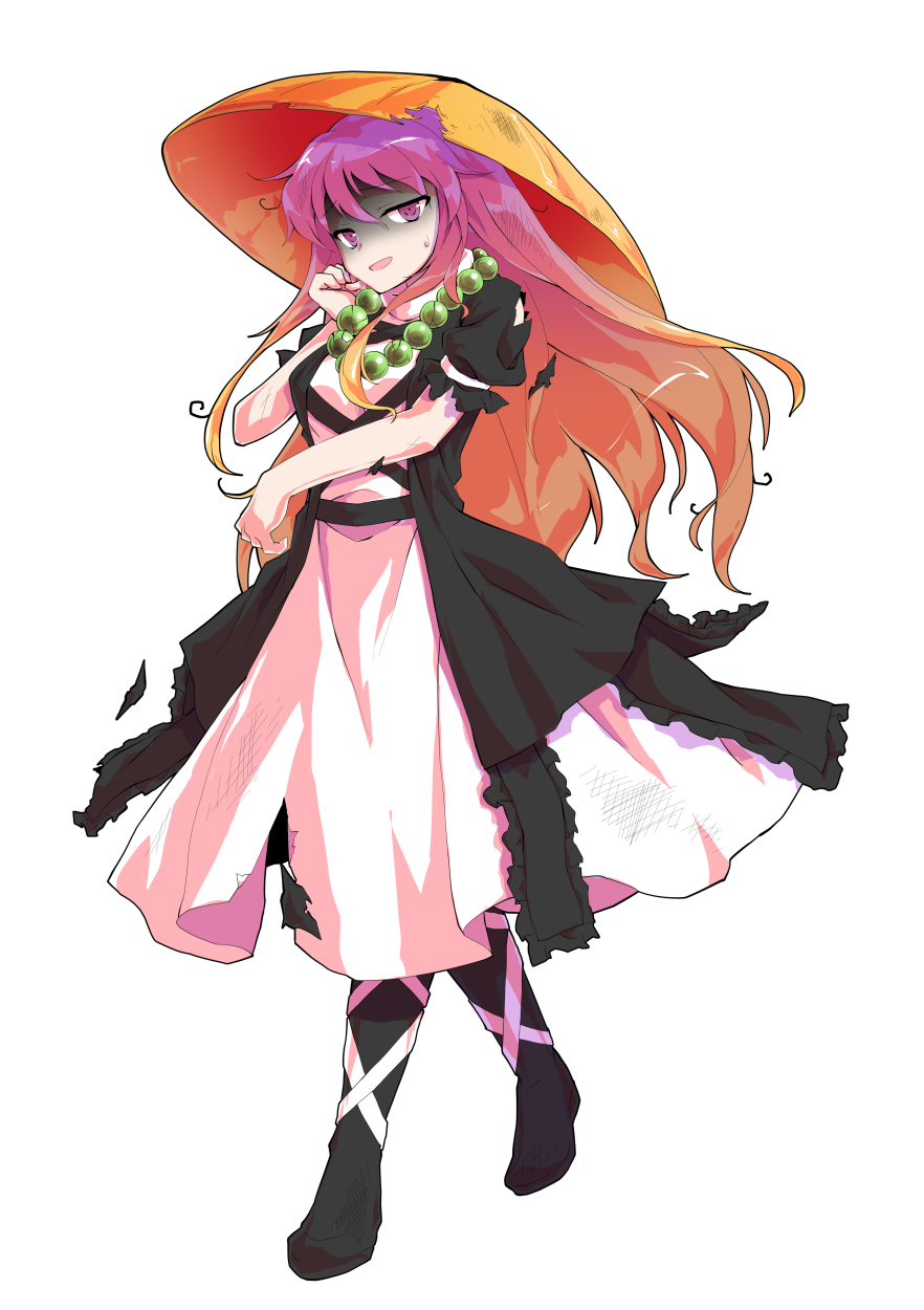 1girl ajirogasa bead_necklace beads black_boots boots dairi defeat dress full_body gradient_hair hat highres hijiri_byakuren jewelry multicolored_hair necklace prayer_beads puffy_short_sleeves puffy_sleeves purple_eyes purple_hair short_sleeves solo tachi-e touhou two-tone_hair white_dress