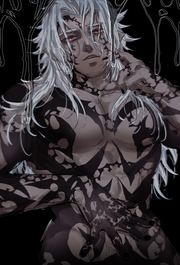 1boy abs black_background black_nails body_markings commentary_request completely_nude dark-skinned_male dark_skin dripping facial_mark grey_hair hands_up kanipanman kingdom_hearts kingdom_hearts_ii large_pectorals long_hair looking_at_viewer male_focus muscular muscular_male nude organization_xiii parted_bangs parted_lips pectorals pointy_ears red_eyes solo spiked_hair teeth upper_body upper_teeth_only xemnas