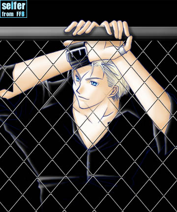 1boy arms_up black_background black_shirt blonde_hair blue_eyes chain-link_fence character_name copyright_name fence final_fantasy final_fantasy_viii hair_slicked_back lowres male_focus rendezvous scar scar_on_face seifer_almasy shirt short_hair smile solo third-party_source upper_body very_short_hair wing_collar wrist_belt