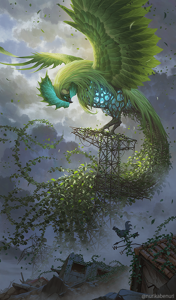 animal bird blue_eyes chicken cloud cloudy_sky creature feathers glowing glowing_eyes green_feathers no_humans nurikabe_(mictlan-tecuhtli) original overgrown oversized_animal plant rooster ruins sky solo spread_wings transmission_tower twitter_username