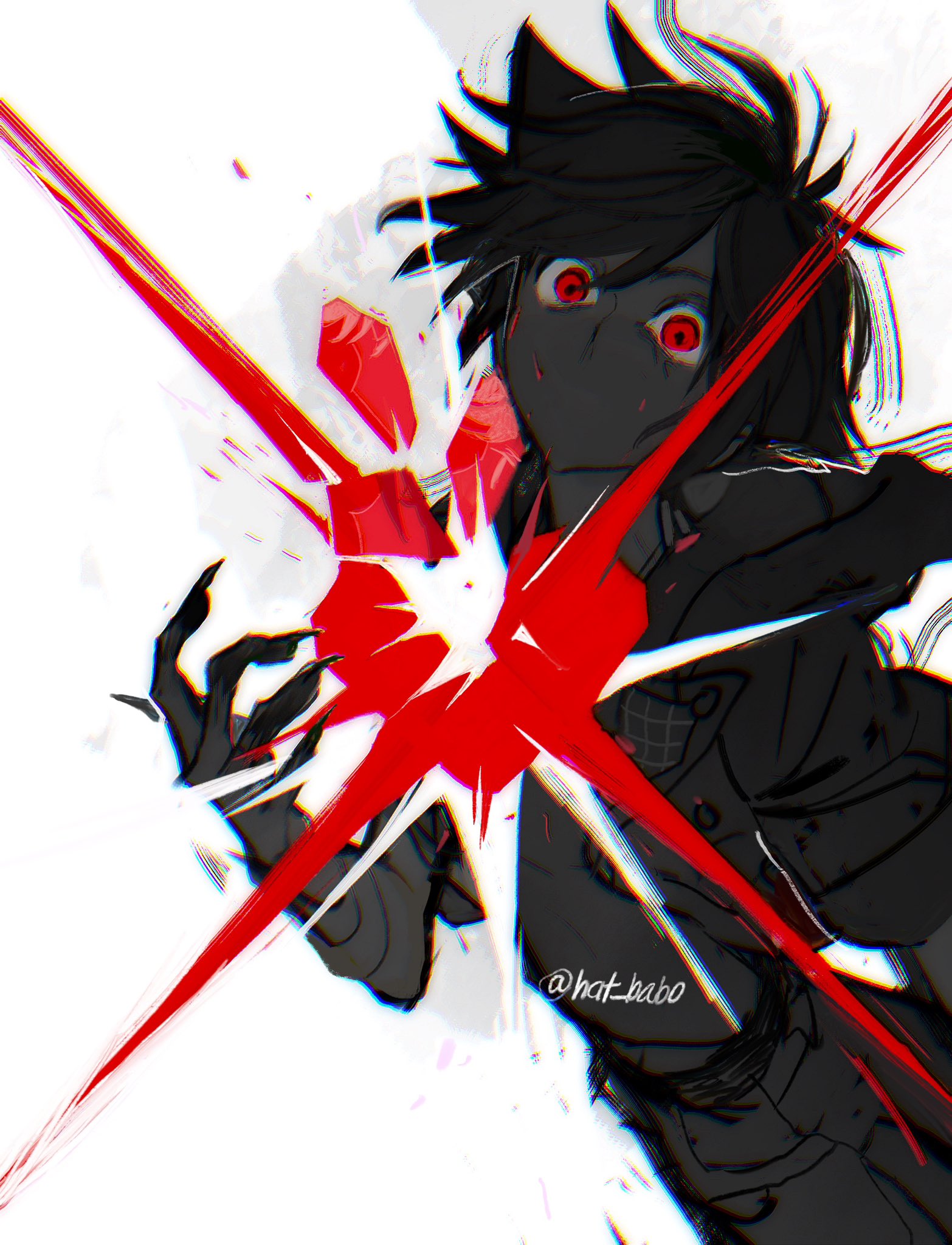 1boy black_hair broken_heart clawed_hands commentary english_commentary hat_babo heart highres kingdom_hearts kingdom_hearts_iii limited_palette looking_at_viewer male_focus no_mouth pants red_eyes red_theme sora_(kingdom_hearts) symbolism twitter_username upper_body white_background wide-eyed