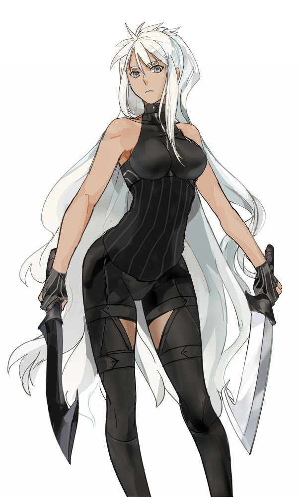 1girl archer_(fate) black_gloves black_legwear black_shirt black_shorts breasts breasts_apart crimo dual_wielding fate_(series) female_focus floating_hair genderswap genderswap_(mtf) gloves grey_eyes holding holding_sword holding_weapon large_breasts long_hair looking_at_viewer shirt short_shorts shorts silver_hair simple_background sleeveless sleeveless_shirt solo standing striped_clothes striped_gloves sword very_long_hair weapon white_background