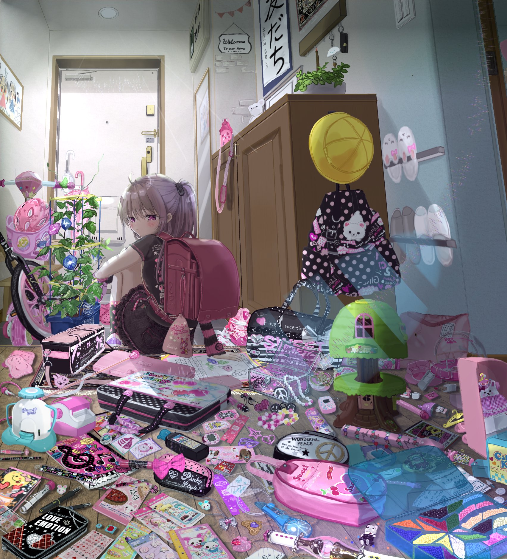 1girl backpack bag beads bicycle bicycle_helmet black_shirt black_skirt cabinet charm_(object) child door facing_away flower full-length_mirror grey_hair hat helmet highres indoors jewelry jojifuku loaded_interior looking_back messy_room mirror morning_glory necklace notebook on_floor original plant potted_plant print_shirt purple_eyes randoseru school_hat shinanashina shirt sitting skirt slippers solo toy twintails unworn_clothes unworn_headwear unworn_helmet unworn_jewelry unworn_necklace unworn_slippers wooden_floor