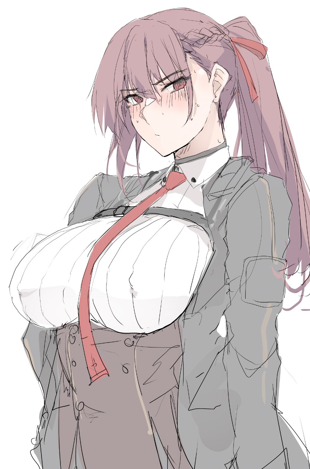 black_jacket blush breasts framed_breasts girls&#039;_frontline girls&#039;_frontline_2:_exilium hair_ribbon highres jacket large_breasts looking_at_viewer makiatto_(girls&#039;_frontline_2) necktie one_side_up purple_hair red_eyes red_necktie ribbon wa2000_(girls&#039;_frontline) zekkyon
