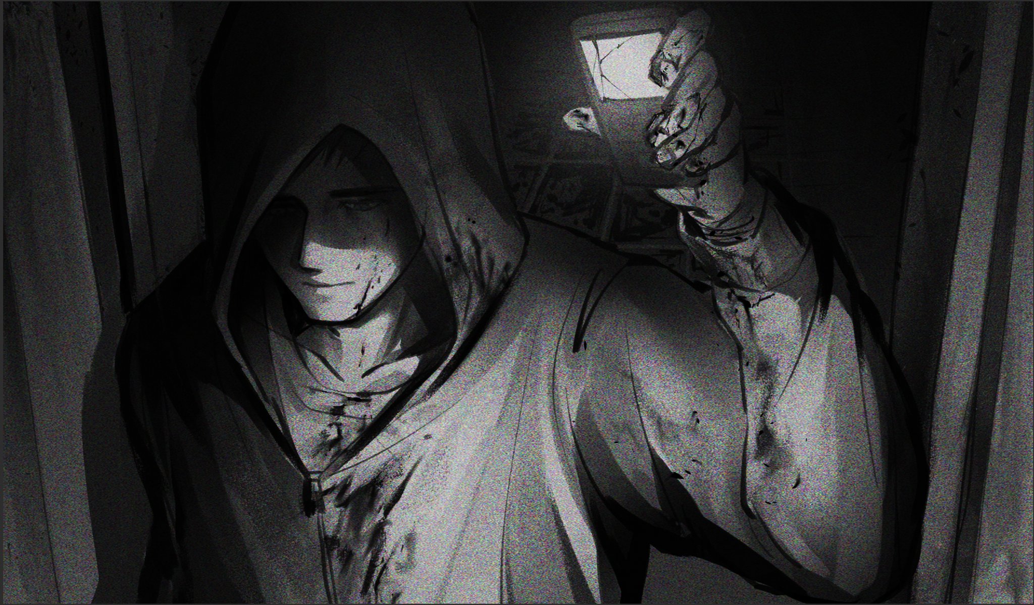 1boy arm_up black_eyes black_hair blood blood_on_clothes blood_on_face cracked_screen cry_of_fear doorway from_above glowing grey_hoodie greyscale highres holding holding_phone hood hood_up hoodie male_focus monochrome partially_shaded_face phone short_hair simon_henriksson solo thonny222 tile_floor tiles walking