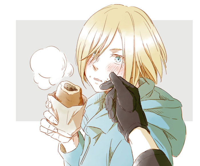 10s 1boy black_gloves blonde_hair blush food food_on_face gloves green_eyes hair_over_one_eye hand_on_another&#039;s_face hood hoodie male_focus mamemomota pirozhki pov pov_hands solo_focus yuri!!!_on_ice yuri_plisetsky