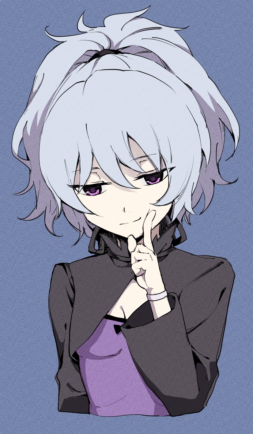 1girl blue_background bracelet closed_mouth cropped_torso darker_than_black dress film_grain finger_to_cheek fingersmile grey_hair hair_between_eyes highres jewelry long_sleeves looking_at_viewer manarou ponytail purple_dress purple_eyes simple_background smile solo upper_body yin_(darker_than_black)
