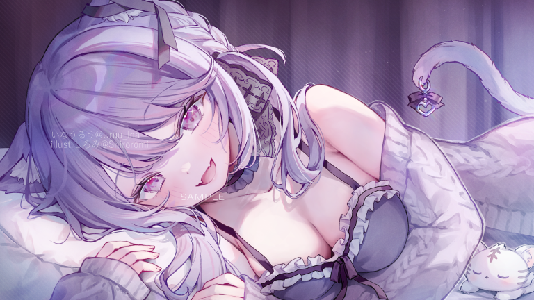 1girl alternate_costume animal_ears black_bow black_ribbon blush bow bra breasts cable_knit cat_ears cat_girl cat_tail cleavage commentary_request ear_ribbon fangs fingernails frilled_bra frills grey_bra grey_sweater hair_between_eyes hair_bow ina_uruu long_hair looking_at_viewer lying medium_breasts nanashi_inc. off_shoulder official_art on_side open_mouth pillow purple_bow purple_eyes purple_hair ribbon sample_watermark shiroromi smile solo sweater tail tail_bow tail_ornament underwear upper_body virtual_youtuber watermark
