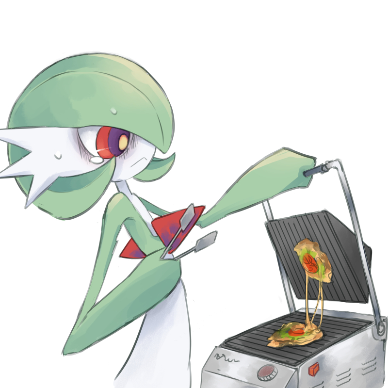 bob_cut colored_skin cooking dmt_(auburn) food gardevoir gen_3_pokemon green_background green_hair green_skin multicolored_skin nintendo pokemon pokemon_(creature) red_eyes simple_background sweat two-tone_skin white_skin