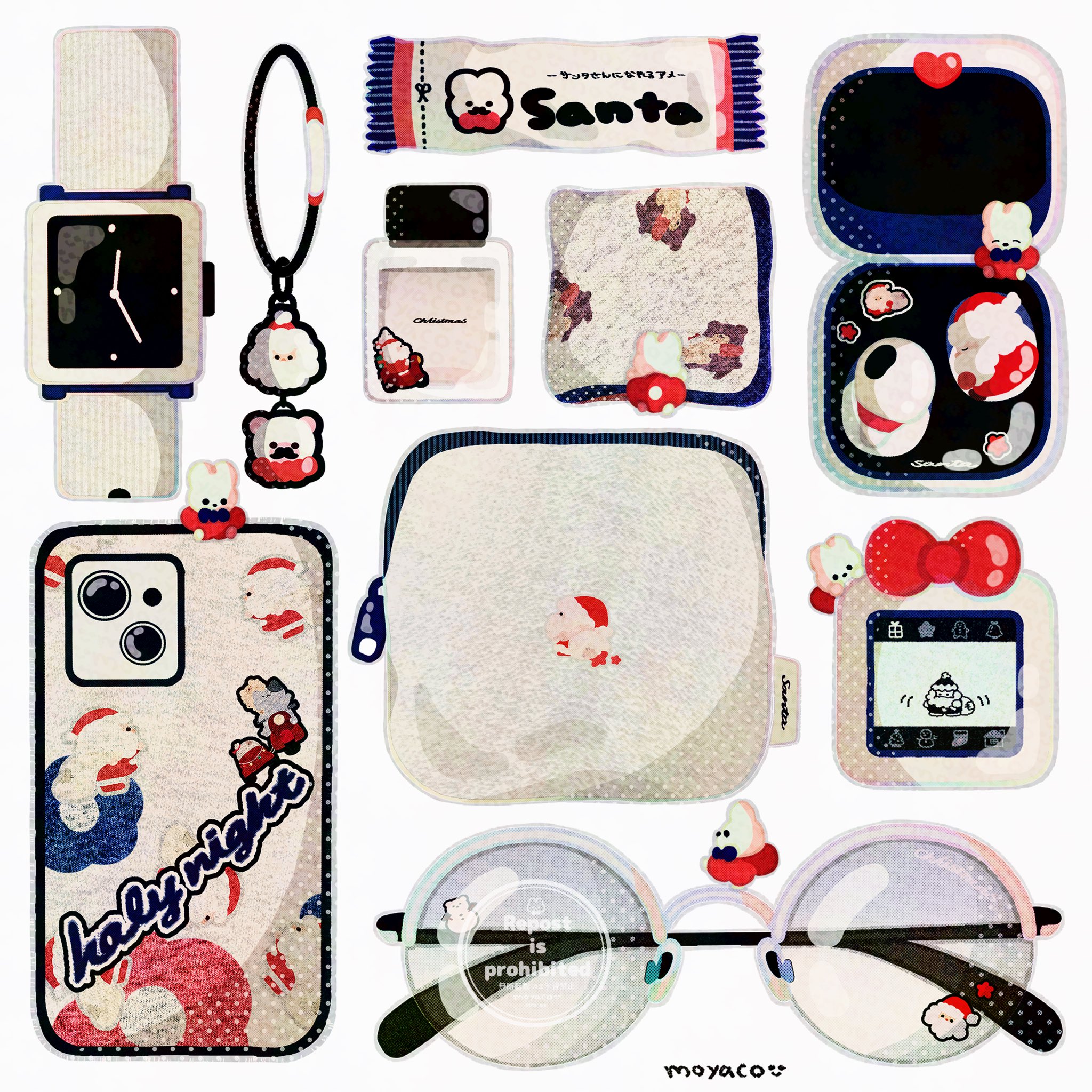 airpods artist_name bottle bow cellphone cellphone_charm charm_(object) christmas commentary creature earbuds earbuds_charging_case earphones english_text food_wrapper hat highres moyaco no_humans original phone pouch santa_claus santa_hat signature simple_background smartphone solid_circle_eyes solid_eyes sunglasses symbol-only_commentary tamagotchi_(virtual_pet) watch white_background white_theme wireless_earphones wristwatch