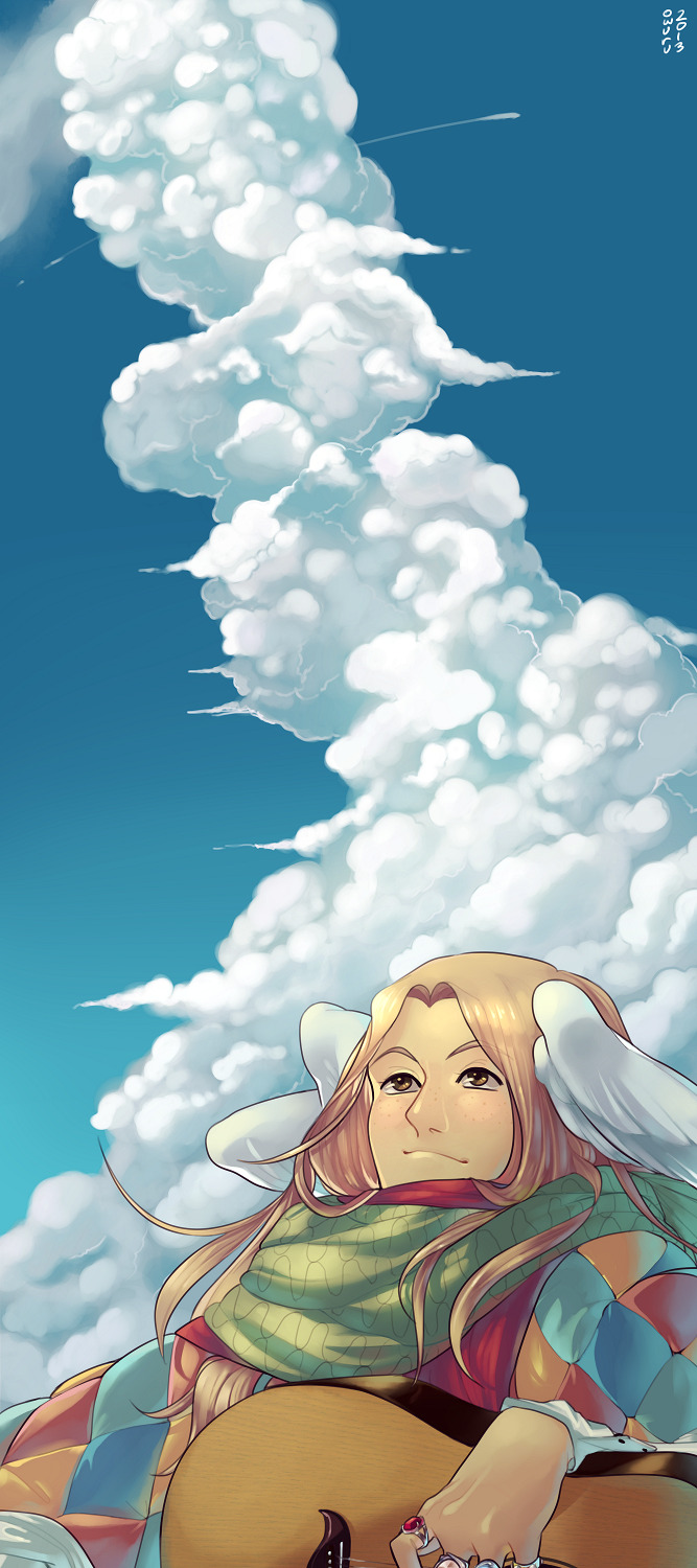 1boy 2013 acoustic_guitar blonde_hair blue_sky closed_mouth cloud commentary contrail cumulonimbus_cloud english_commentary feathered_wings green_scarf guitar head_wings highres instrument jewelry long_hair looking_afar male_focus memoryjoule minstrel_(ragnarok_online) outdoors ragnarok_online red_scarf ring scarf sky smile solo upper_body white_wings wings yellow_eyes