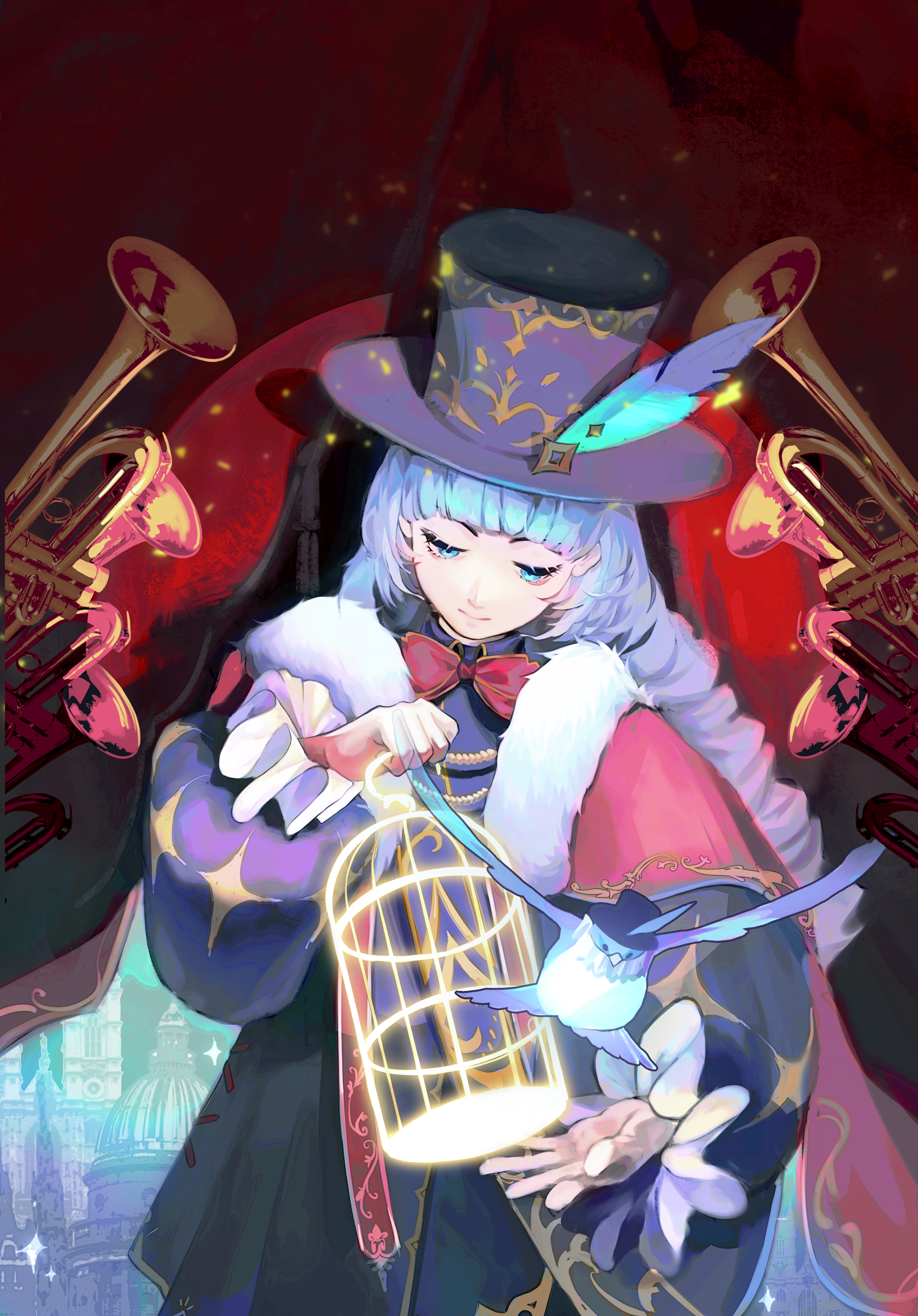 1girl absurdres bird birdcage black_hat blue_bird blue_eyes bow bowtie cage cape charlie_(reverse:1999) drill_hair frilled_sleeves frills grey_hair hat hat_feather highres holding holding_cage instrument long_hair long_sleeves looking_down puffy_long_sleeves puffy_sleeves red_background red_bow red_bowtie red_cape reverse:1999 shadow shenqi_a_hao solo spotlight top_hat trapeze_dress trumpet twin_drills upper_body
