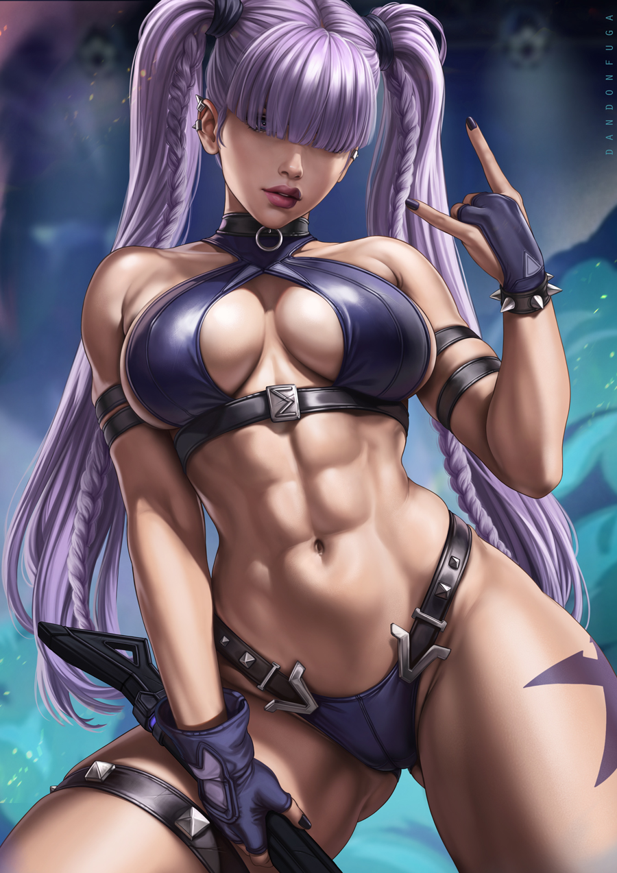 \m/ abs adapted_costume asymmetrical_gloves bikini black_nails braid breasts choker dandon_fuga fingerless_gloves gloves gluteal_fold hair_over_eyes highres large_breasts leg_tattoo looking_at_viewer magik_(punkchild)_(x-men) magik_(x-men) marvel marvel_rivals official_alternate_costume official_alternate_hairstyle parted_lips partially_fingerless_gloves purple_hair swimsuit tattoo thigh_gap twin_braids twintails x-men