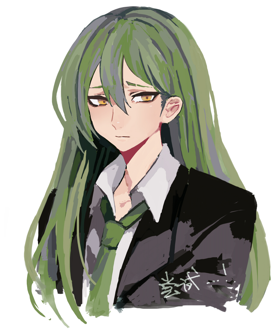 1boy black_jacket closed_mouth collared_shirt commentary_request er_hea eyebrow_cut green_hair green_necktie hair_between_eyes jacket lobotomy_corporation long_hair looking_at_viewer male_focus necktie netzach_(project_moon) open_collar portrait project_moon shirt simple_background solo translation_request white_background white_shirt