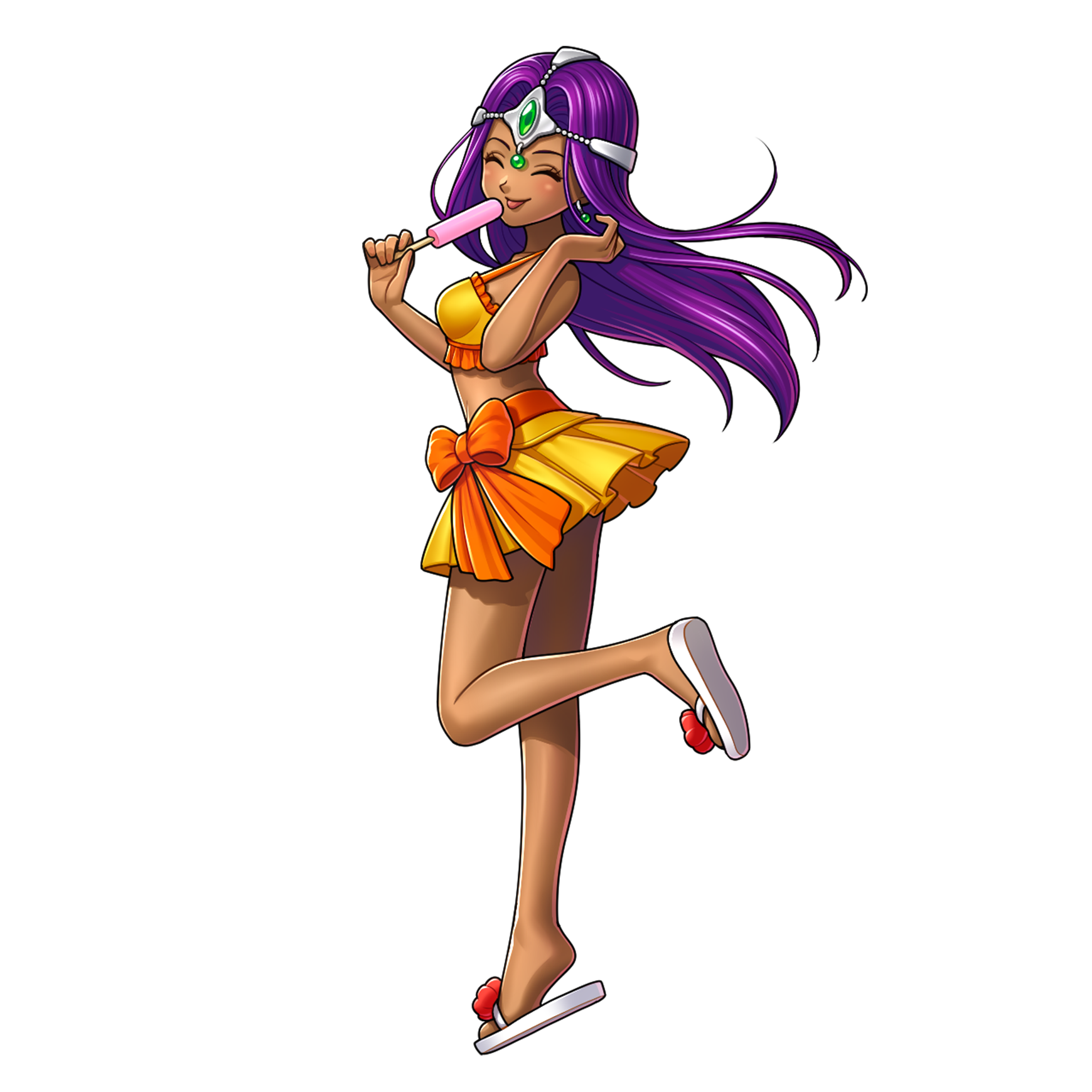1girl artist_request bikini bow breasts circlet closed_eyes dark-skinned_female dark_skin dragon_quest dragon_quest_iv dragon_quest_rivals earrings floating_hair food foot_up full_body game_cg gem green_gemstone highres holding holding_food holding_popsicle jewelry looking_back medium_breasts minea_(dq4) official_alternate_costume official_art orange_bikini orange_bow orange_skirt parted_hair popsicle purple_hair sandals silver_circlet skirt smile solo sphere_earrings swimsuit third-party_source tongue tongue_out transparent_background white_sandals