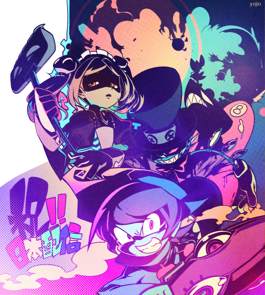 3girls andy_anvil apron artist_name avery_(skullgirls) teeth black_eyes bloody_marie_(skullgirls) child dress english_text evil_grin evil_smile explosion extra_eyes frown george_the_bomb gloves grin gun hair_ornament hat hungern_(skullgirls) lenny_the_bomb long_hair looking_at_viewer maid maid_apron maid_headdress mechanical_arms multiple_girls peacock_(skullgirls) pink_eyes pink_hair puffy_sleeves purple_eyes purple_theme raincoat red_eyes shaded_face sharp_teeth short_hair signature silhouette skull skull_hair_ornament skullgirls smile teeth top_hat twintails umbrella_(skullgirls) vacuum_cleaner weapon white_hair yojio_(2188)