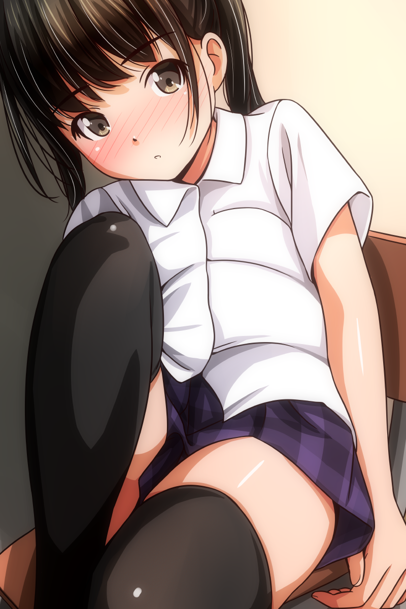 1girl black_hair black_thighhighs blush breast_pocket brown_eyes chair long_hair looking_at_viewer matsunaga_kouyou open_mouth original plaid_clothes plaid_skirt pocket purple_skirt school_uniform shirt short_sleeves sitting skirt thighhighs twintails white_shirt