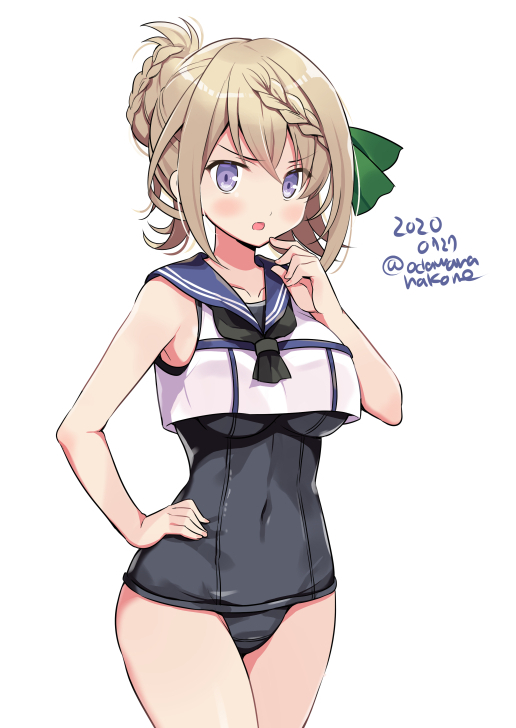 1girl bad_id bad_pixiv_id black_one-piece_swimsuit blonde_hair blue_sailor_collar blush breasts collarbone cosplay cowboy_shot dated hair_between_eyes hand_on_own_hip hand_on_own_chin kantai_collection large_breasts odawara_hakone one-hour_drawing_challenge one-piece_swimsuit open_mouth perth_(kancolle) purple_eyes ro-500_(kancolle) ro-500_(kancolle)_(cosplay) sailor_collar sailor_shirt school_swimsuit shirt short_hair simple_background sleeveless sleeveless_shirt solo swimsuit swimsuit_under_clothes twitter_username white_background white_shirt