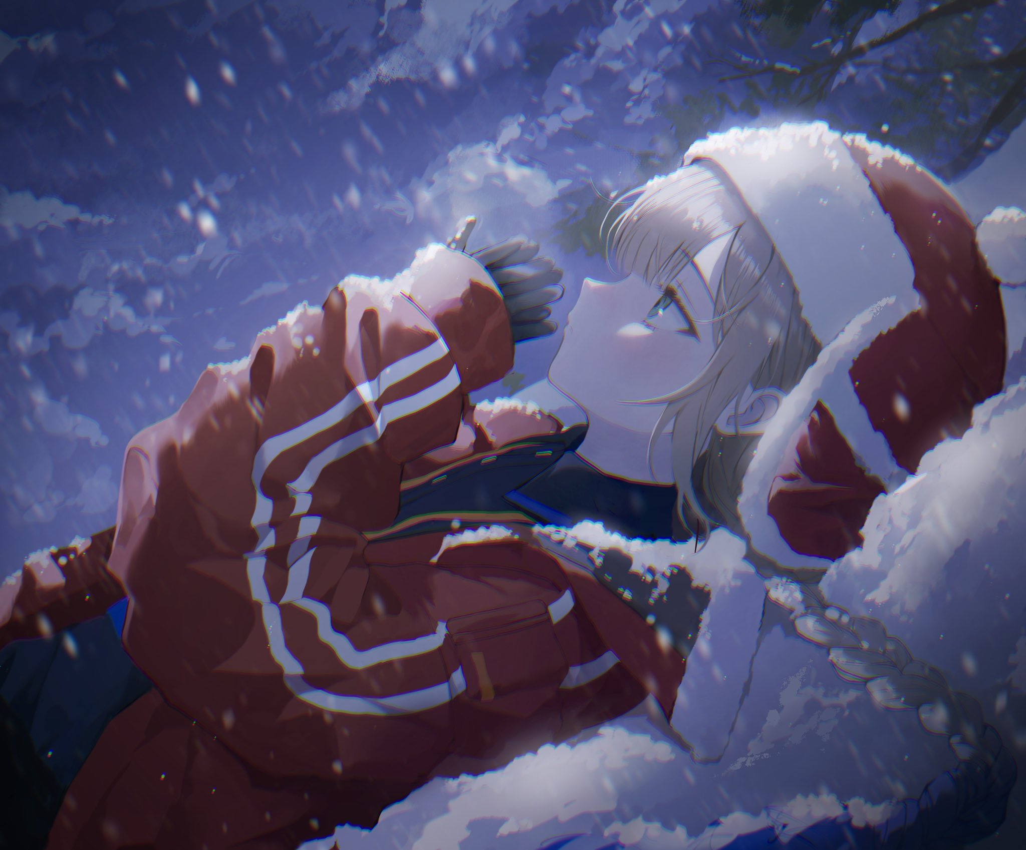 1boy aqua_eyes black_gloves blonde_hair blue_hair blush braid breath captain_nemo_(fate) collared_shirt dress_shirt fate/grand_order fate_(series) fur_hat gloves gradient_hair hat highres jacket long_hair lying male_focus misin322 multicolored_hair nemo_(fate) captain_nemo_(santa)_(fate) nose_blush on_back on_ground open_clothes open_jacket own_hands_together parted_bangs red_jacket shirt snow snowing ushanka